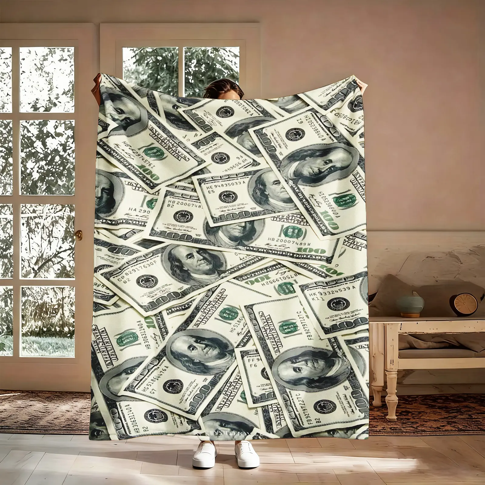 100 Dollar Bill Cash Pattern Blanket, 1 Count Soft Warm Flannel Throw Blanket, Cozy Nap Blanket for Home Decor