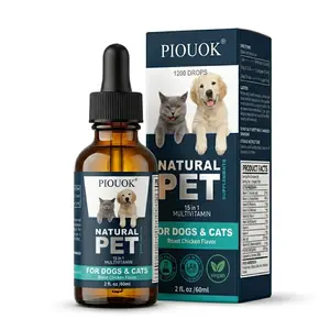 PIUOUK Natural Pet 15 in 1 Multivitamin for Dogs & Cats - Liquid Drops Supplement with Glucosamine, Cranberry, MSM, Vitamins C D B Complex - Roast Chicken Flavor, Hip & Joint, Skin & Coat, Immune Support - 2 fl oz / 60ml, 1200 Drops, Made in USA