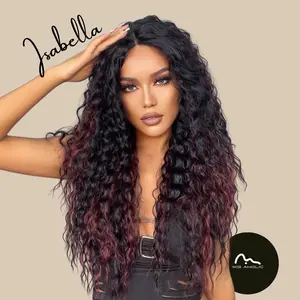 ISABELLA 【WA-HC11030-4】 28inches Frontal Lace Wigs for Women,  Heat Resistant Synthetic  Black with Red Highlight Curly for Daily Use, Party