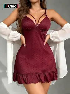 Women's Polka Dot Breathable Fit Sleepwear, Elegant Ruffle Hem Design, Dark Bow Front Decor, Suitable for Sleep and Casual Wear, Loungewear Night Wear Ruffled