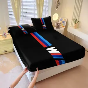 Racing M Power Stripes Print Fitted Sheet Set, 3 Piece Deep Pocket Bedding Set with Pillowcases, Soft & Wrinkle-Resistant Bed Sheet Set, Stylish Digital Print for Car Enthusiasts & Man Cave Decor