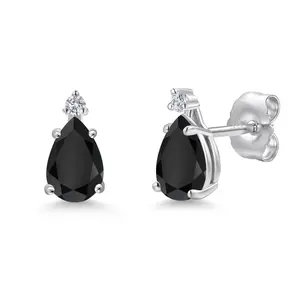 14K White Gold Black Onyx and Lab Grown Diamond Stud Earrings for Women | 0.80 Cttw | Gemstone December Birthstone | Pear Shape 6X4MM