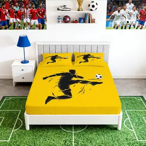 Soccer Player Silhouette Fitted Sheet Set, 3 Pieces Cool Yellow Black Digital Printed Bed Cover, Soft Breathable All Season Fitted Bedding Kit, No Fillers, Sporty Room Decor, Perfect for Teen Bedrooms