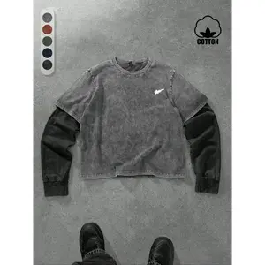 Men's Multi-Color Vintage Cotton Long Sleeve T-Shirt, Casual Patchwork Design, Retro Washed Finish, Urban Street Style, Daily Wear, Casual Streetwear Top