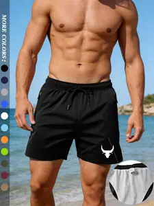 Men's beach shorts featuring a bull's head print, casual athletic shorts perfect for summer wear. Ideal for beach vacations, island getaways, and leisure activities. Lightweight, quick-drying, comfortable, and breathable. Swim Trunks