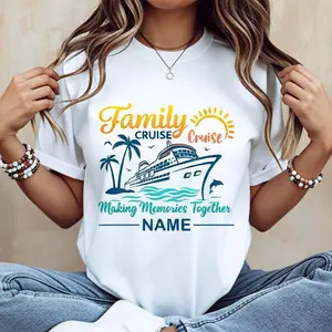 Family Cruise Cotton T-Shirt – Casual Crew Neck, Short/Regular Sleeves, Summer Tee for Making Memories Together, Personalized Name Design, Machine Washable, Do Not Dry Clean, Made in USA