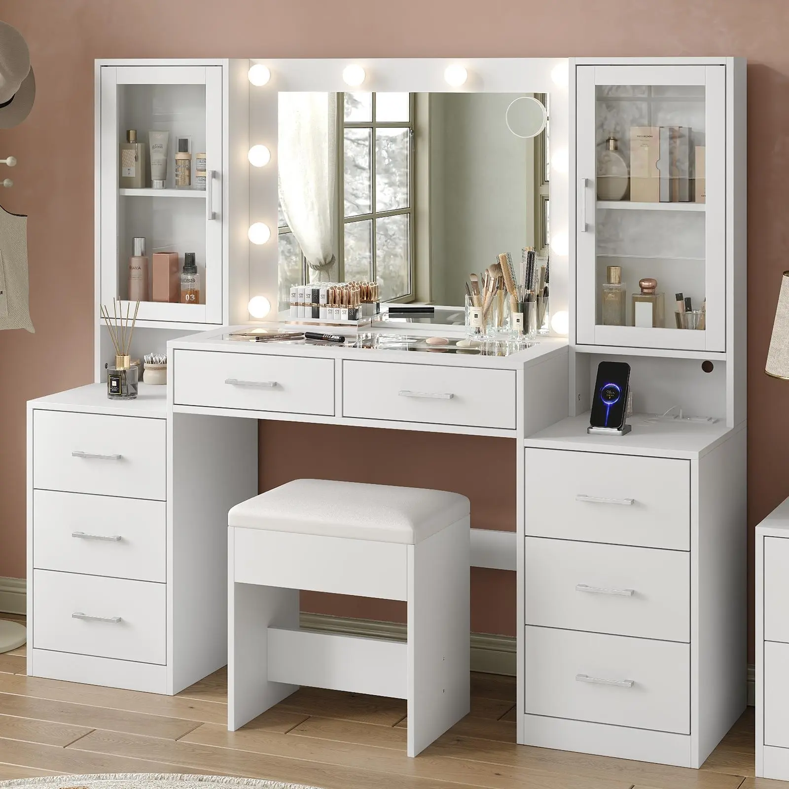 FUSOU 59'' W Large Makeup Vanity Desk with Mirror and Lights, [Shipping by 2 Packages], White Vanity with Power Outlet, 8 Drawers & 2 Cabinets, 3 Lighting Modes Brightness Adjustable, Glass Top Vanity with Chair for Bedroom