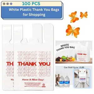 CHRISTMAS GIFT 100PCS White "Thank You" T-Shirt Bags - Reusable & Disposable Plastic Grocery Bags for Shopping Retail Supermarket and Takeout Use Can Hold Up to 15LBS