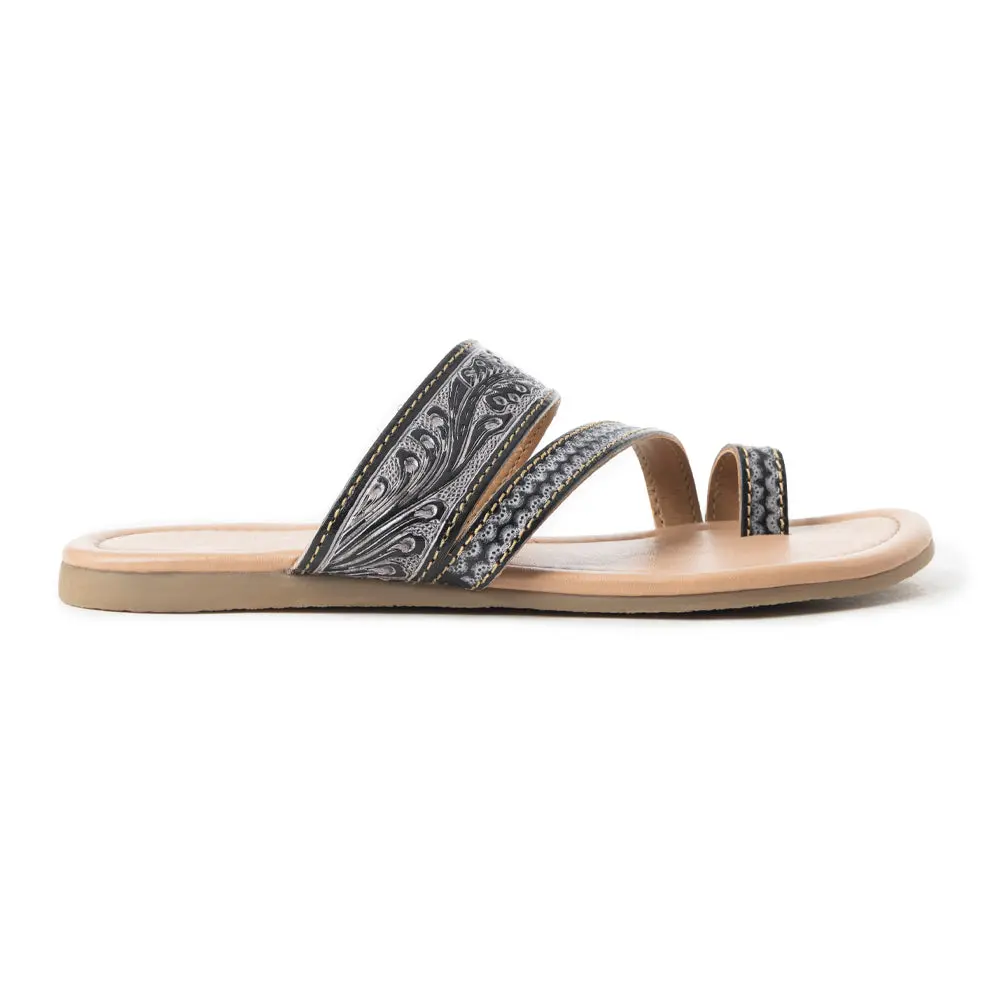 Women's Flat Sandals with Toe Strap Loop in Pewter Embossed Leather, Cushioned with a Blush Footbed and Rubber Sole, Embossed Floral, Casual Wear, Vintage Floral, Braid Women's Sandals, Cross Strap Women's Sandals