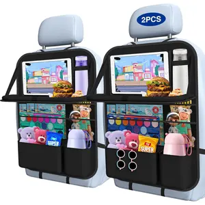 Car Backseat Organizer with Table Tray(2-Pack) 9 Storage Pockets Backseat Car Organizer and storage with Tablet Holder, Kick Mats Back Seat Cover for Kids