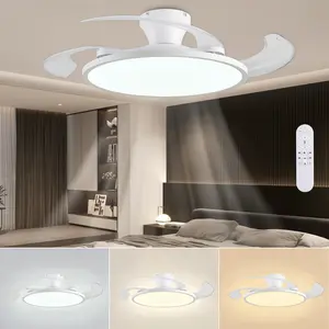 Retractable Ceiling Fan with Lights,42/48 Inch Low Profile Ceiling Fan with Remote Control,Retractable Blades,Dimmable Full Spectrum,Modern Fandelier for Bedroom Living Room Dinning Room