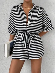 Casual Striped Shirt Romper, Womenswear Summer Comfort Waist-Tied Tie-Dye Rompers, Versatile Short Pants for Daily Wear, Perfect for Warm Weather, Everyday