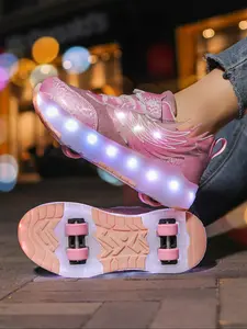 Girls' LED Light-Up Roller Skates, USB Rechargeable, Detachable Wheels, Breathable PU Leather, All-Season Casual Shoes, Shoes with Wheels