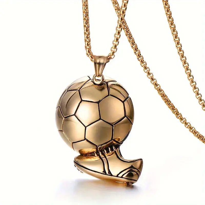 Collar con colgante de balón de fútbol, resistente al agua y que no se deslustra, con cadena tipo caja y colgante de acero inoxidable 304.