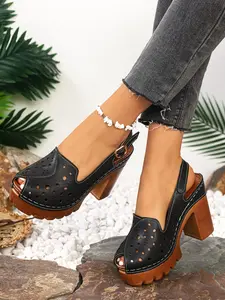 Summer Plus Size Women's Hollow Out High Heel Chunky Strap Sandals, Fashion One-Strap Buckle Backless High Heel Shoes, High Heeled Sandals