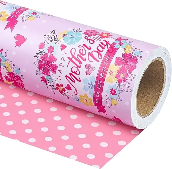 Reversible Mother's Day Wrapping Paper - Mini Roll - 17 Inch X 33 Feet - Happy Mother's Day and Flower Design, Perfect for Party, Holiday, Wedding, Baby Shower