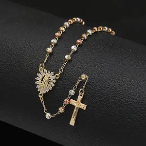 1pc Women's Fashion Cross Necklace, Golden Beaded Rosary with Our Lady of Guadalupe, Mary, St.Jude, St.Michael Catholic Jewelry - Durable Accessory for Church, Christmas Baptism, Thanksgiving, Halloween, Elegant Necklace, Vintage Style