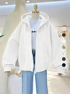 Women's Solid Color Casual Minimalist Hoodie, Knitted Front Zipper, Long Sleeve Loose Fit, Drawstring Adjustable Cap, Perfect for Home Office & Leisure