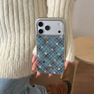 Korean Style Silver Color Blue Diamond Pattern Star Protective Phone Case Cover for Apple iPhone 17 Pro Max, 16 Pro Max, 15 Pro Max, 14 Pro, 13