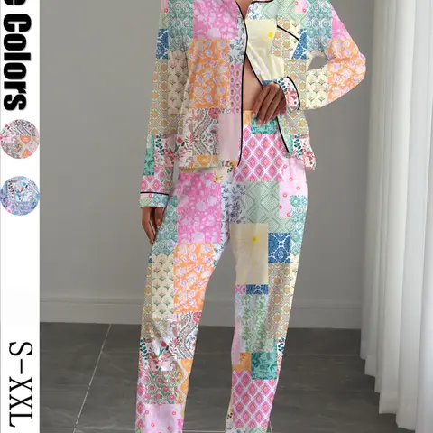 Women's Floral Print Pajama Set, Loungewear, Casual Fitted Long Sleeve Shirt & Elastic Pants, Soft Stretchy Fabric, Fall Winter Home Wear