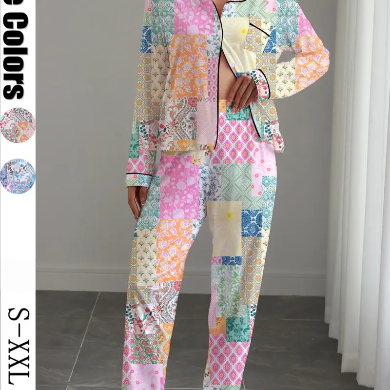 Women's Floral Print Pajama Set, Loungewear, Casual Fitted Long Sleeve Shirt & Elastic Pants, Soft Stretchy Fabric, Fall Winter Home Wear
