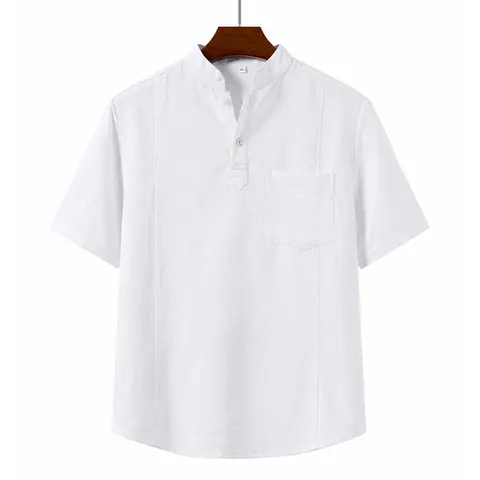 Grandclad Men's Short Sleeve Band Collar Shirt, Button Placket Pullover Casual Summer Top with Chest Pocket for Beach, Vacation and Everyday Wear