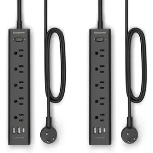 2 Pack Power Strip Surge Protector-5 Widely Spaced Outlets 3 USB Ports(1 USB C Port),1250W/10A with 5Ft Extension Cord, Power Strips with Surge Protection, Wall Mount for Home Office,Black
