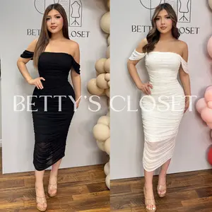 Tati Mesh Off Shoulder Pearl Detail Midi Dress