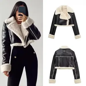 Women's Cropped Leather Jacket Coat Black Wool Blends Coats Bomber Tweed Jacket Autumn Winter Leather and Fur Crop Jacket1123