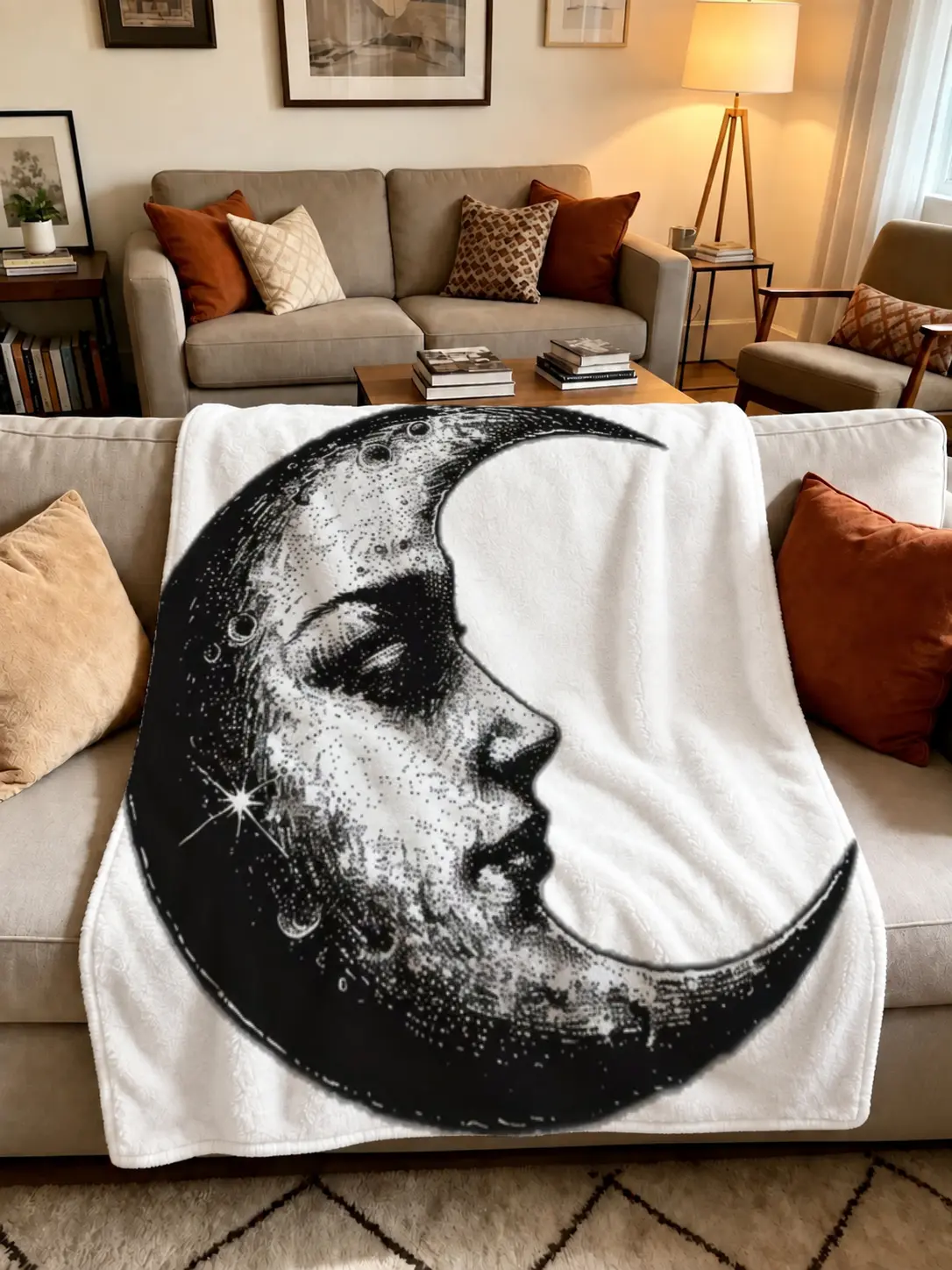 1Pcs Vintage Celestial Crescent Moon with Human Face Print Flannel Throw Blanket Gothic Astrology Style Soft Cozy Blanket for Bedroom Living Room Couch Sofa Bed Office Nap All Season Use Home Decor Gift for Astronomy Lovers