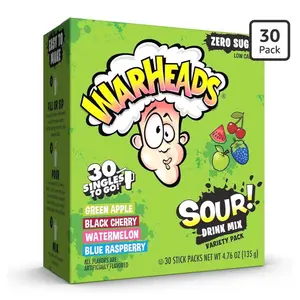 Warhead Sour Zero Sugar Drink Mix 30 Pack Green Apple, Black Cherry, Watermelon, & Blue Raspberry