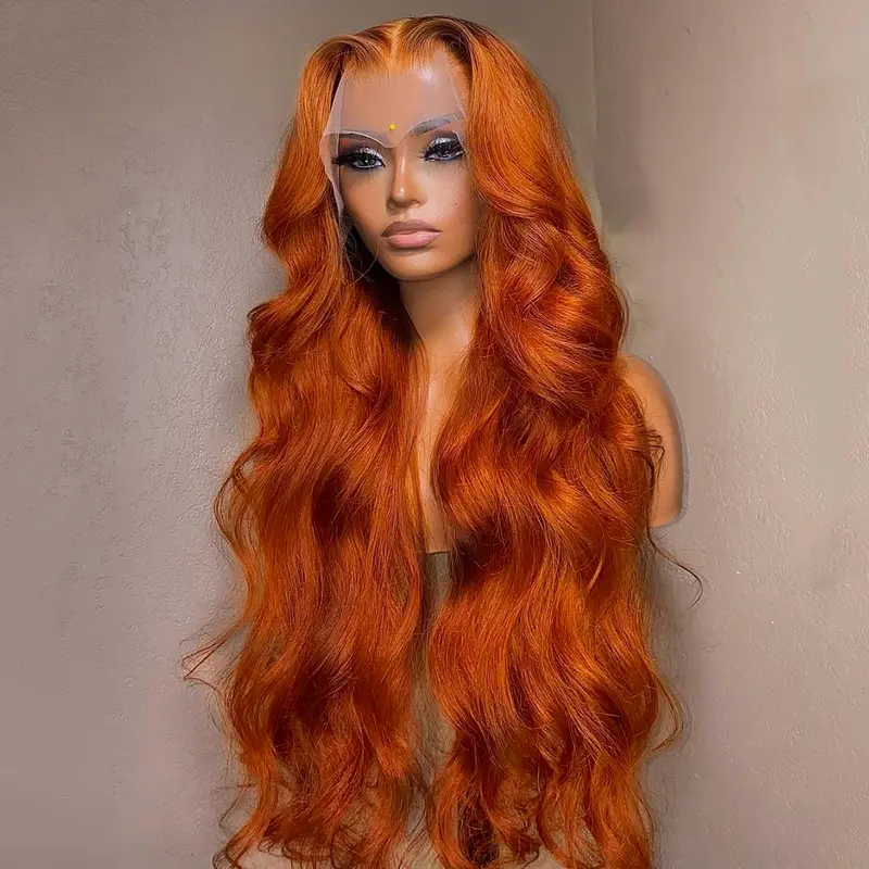 38 40 Inch Dark Ginger Orange 13X4 Transparent Lace Front Wig For Woman Ginger Brown Colored Body Wave Lace Frontal Wig Preplucked 180 Density Brazilian Remy Hair Wig