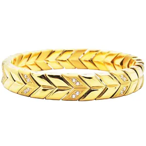 Men's 12mm Gold Plated Chevron Woven Stainless Steel Bracelet With Cubic Zirconia