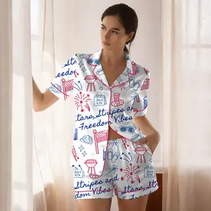 Stars Stripes And Freedom Vibes 4th Of July Patriotic America Satin Pajama Set Adults, 4th Of July Sleepwear, Homewear Patriotic Gifts Women
