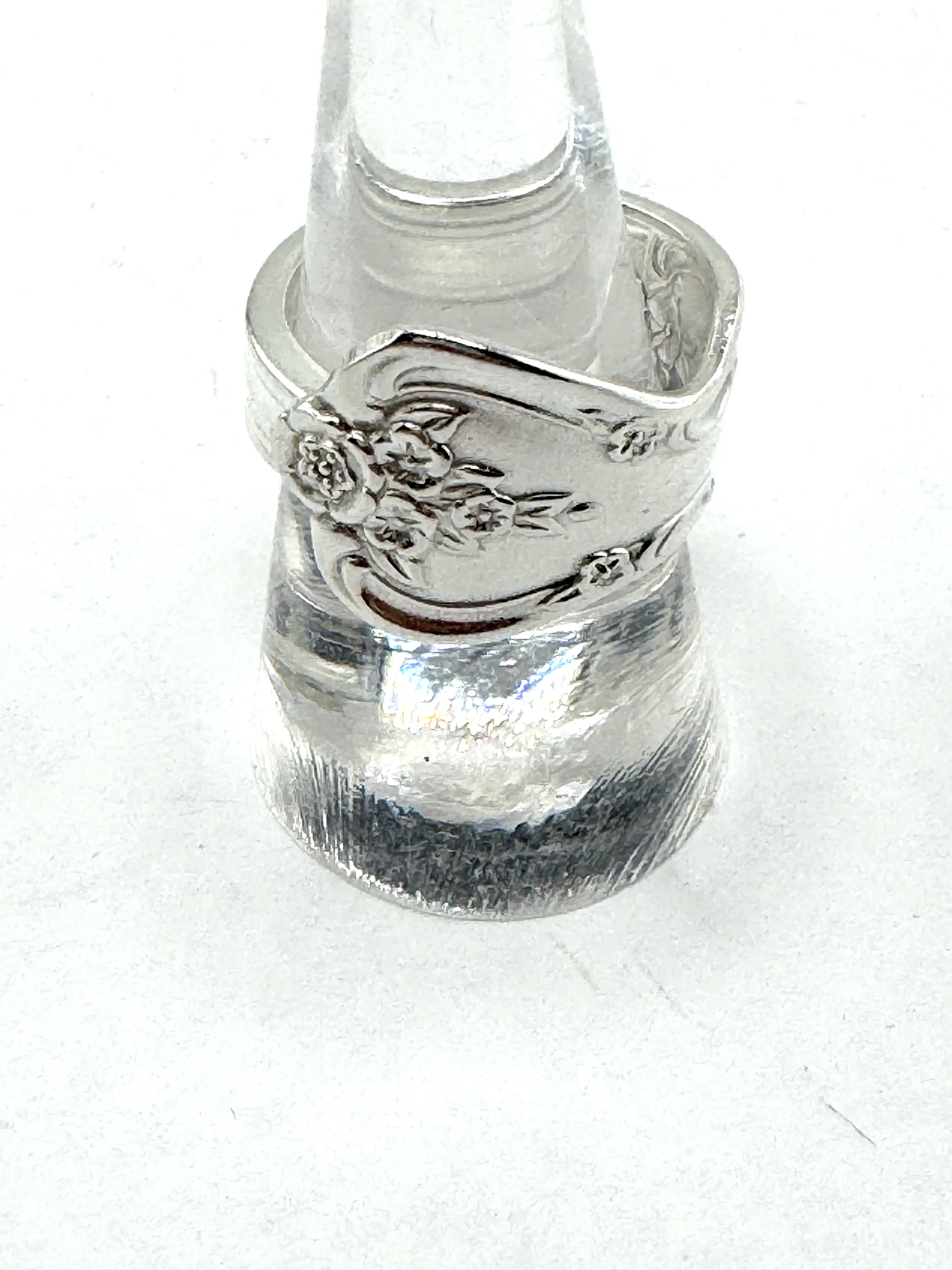 Inspiration-Magnolia 1951 Silver Plate Spoon Ring Art Deco Floral Pattern Custom Made to Order Vintage Antiqued Silverware Overlap Style Resizeable