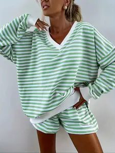 Women's Striped V Neck Long Sleeve Top, Loose Fit Casual Sportswear Set with Matching Shorts, Spring & Fall Fashion