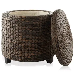 Casafield 17" Round Storage Ottoman with Lid, Espresso Water Hyacinth, Woven Wicker Footstool for Living Room, Bedroom, Bathroom, Home Office