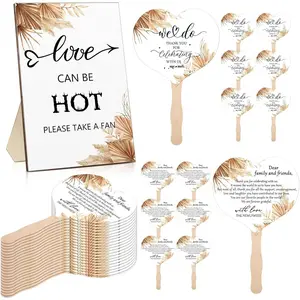 51 Pcs Wedding Fans for Guests Boho Wedding Favors 50 Boho Heart Paper Fans with Wood Handle, 1 Pc Love Can Be Hot Wooden Table Sign Bridal Shower Favor