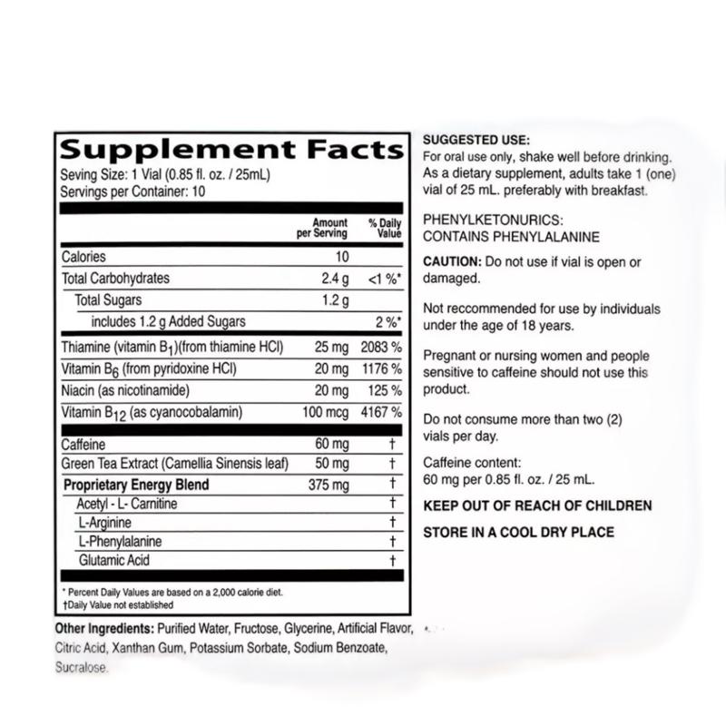 Neuro Energy Liquid Dietary Supplement 10 Viales with Amino Acids B Complex Vitamins Zinc & Chromium for Brain Health 8.5 oz - Fitness