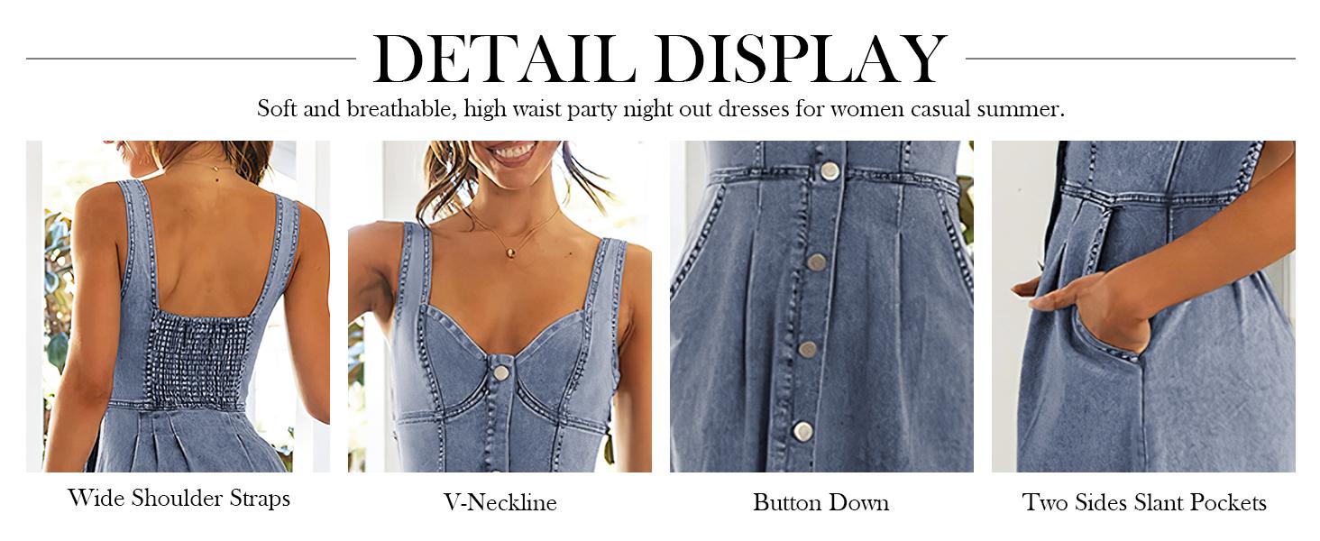 Ebossy Stretchy Smocked Denim Dress for Women Sleeveless Babydoll Button Down Midi Long Jean Dresses
