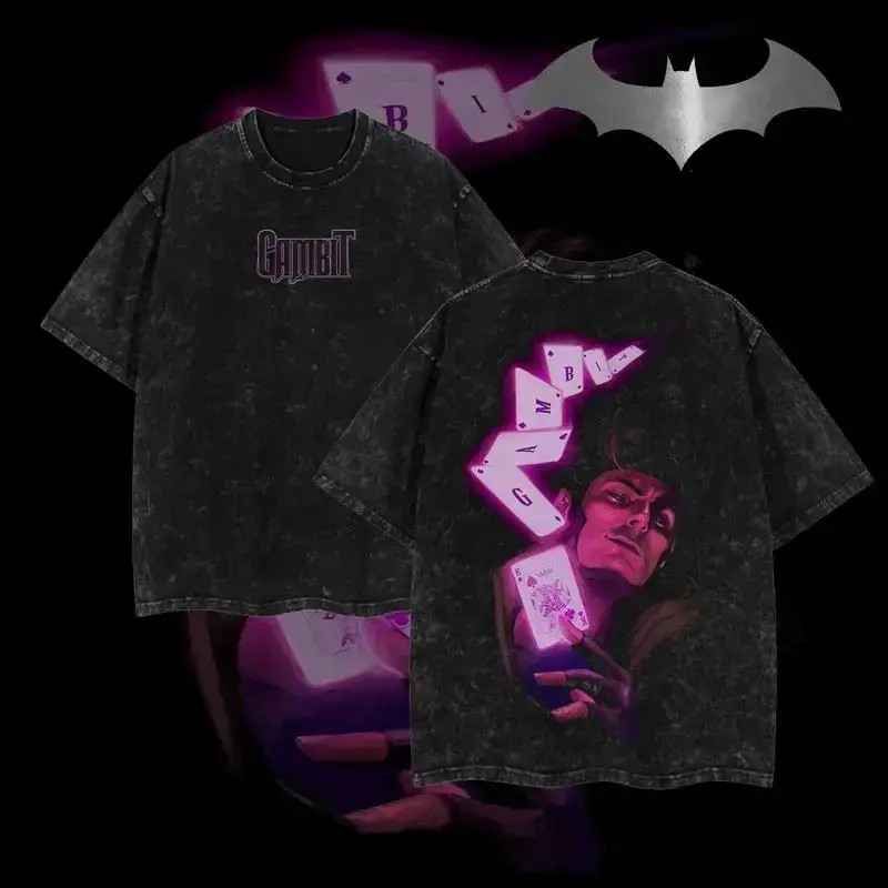 Blank Graphic Studio Retro Gambit "The Card Thrower" Edition Graphic Vintage Washed T-Shirt, Comic Superhero Playing Card Print, Unisex Oversized Heavyweight Cotton Streetwear Top, Ideal Gift for Comic Fans