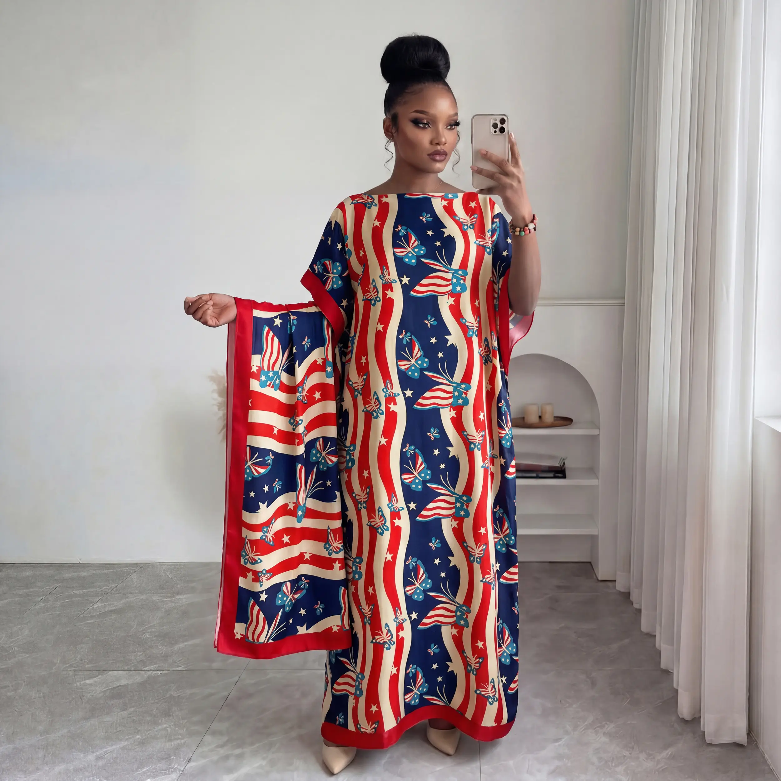 Bohemian Patriotic Stripe Butterfly Print Satin Kaftan Set, Oversized Long Batwing Caftan Dress with Matching Scarf, Stylish Outfit for 4th of July Celebrations