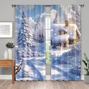 2-Piece set, Christmas blue snow curtains - Art Deco design, stunning winter landscape, translucent polyester fiber, suitable for living room kitchen dining room bedroom holiday home decoration, comfortable living decoration, Christmas theme decoration.