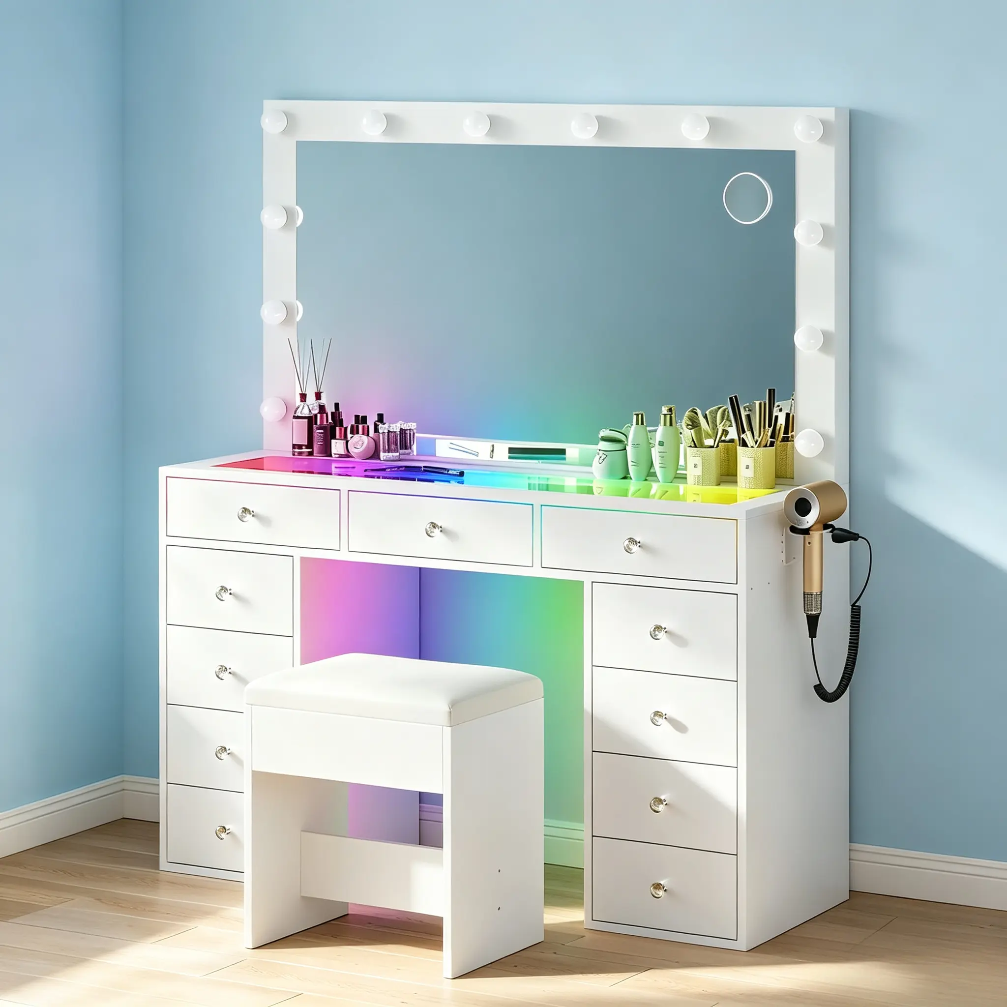 CollaredEagle Full Size Makeup Vanity Desk Adjustable Makeup Table With LED Lighted Mirror Power Socket Multiple Drawers Padded Stool For Bedroom
