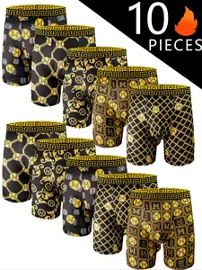 Men's Luxury Gold Long Briefs, Graffiti Comfort High Elasticity Boxer Shorts, Casual Sports Pants, Cycling Underwear, Stretchy Boxer Briefs
