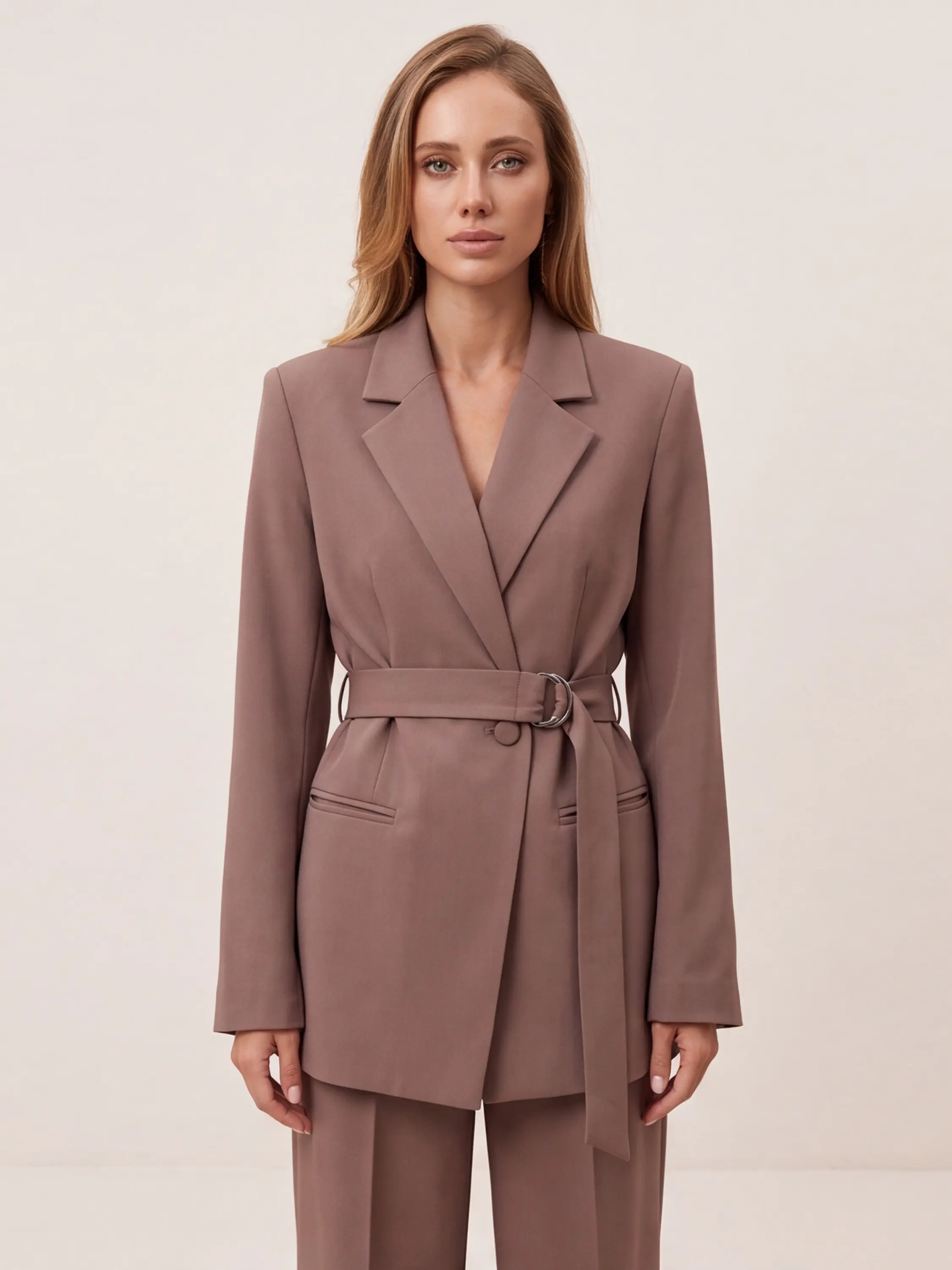 Brown Black Belted Continental Blazer by FemeAdor Tailored Ring Buckle Blazer - Quiet Luxury Power Suit Outfit