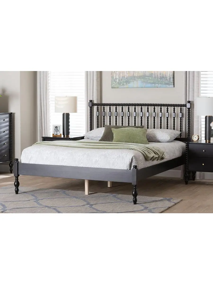 Baxton Studio 193271498178 9.80 in. Callison Spindle Platform Bed - Turned Farmhouse Bed Frame with Spoked Headboard & Sculpted Legs, Black - Full Size