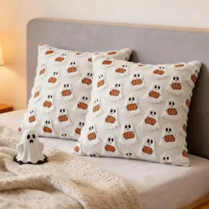 Halloween Ghost Pillow Covers Cute Ghost Holding Pumpkin Plush Fuzzy Throw Pillow Case Spooky Season Aesthetic Home Decor Fall Decorations for Couch Sofa Bedroom Cozy Sherpa Soft Ghostie Pillow Halloween Gift Viral