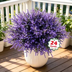 24-Piece UV Resistant Artificial Lavender Flower Set, Spring Summer Outdoor Indoor Decor, Fake Plastic Purple Decorative Flowers for Garden Balcony Window Planter Wedding Party Office Hotel Decoration