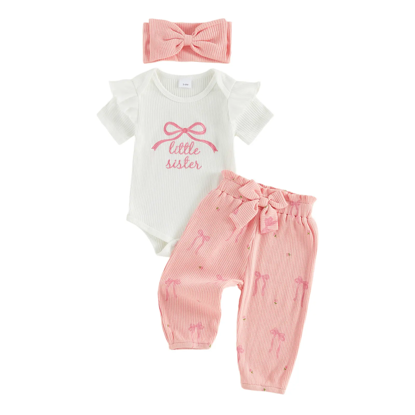 Cute Baby Girls' Boutique Baby Shower Gift Set Clothing - Ribbed Romper, Soft Cotton Crew Neck Short-Sleeve Top, Bow-Print Ruffled Bloomer, Pant, Elastane Headband for 0-3, 3-6 Month Preemies & Newborns, Special Gift Set, Knot, Ruffles And Bow Baby Girls